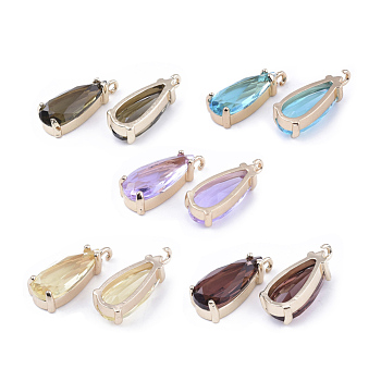 Transparent Glass Pendants, with Brass Findings, Faceted, Teardrop, Light Gold, Mixed Color, 18.5x8.5x6mm, Hole: 1mm