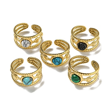 304 Stainless Steel Open Cuff Rings, Synthetic Malachite & Turquoise Round Finger Rings for Women Men, Real 18K Gold Plated, Adjustable
