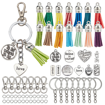 DIY Inspiration Charm Keychain Making Kit, Including Faux Suede Tassel Pendant Decorations, Alloy Split Key Ring & Clasp & Word Pendant, Antique Silver, 180Pcs/bag