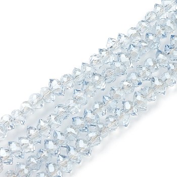 Electroplate Glass Beads Strands, Pearl Luster Plated, Faceted Bicone, Light Blue, 4x6x4.5mm, Hole: 1.2mm, about 110pcs/strand, 25.98''(66cm)