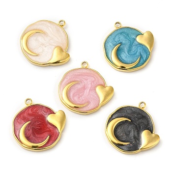 Real 18K Gold Plated 304 Stainless Steel Pendants, with Enamel, Flat Round with Moon & Heart Charm, Mixed Color, 17.5x17x2mm, Hole: 1.4mm