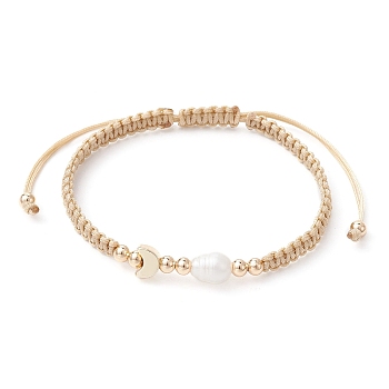 Brass & Natural Pearl Braided Bead Bracelets, Adjustable Bracelet, Moon, Inner Diameter: 1-3/4~3-1/2 inch(4.6~8.8cm)