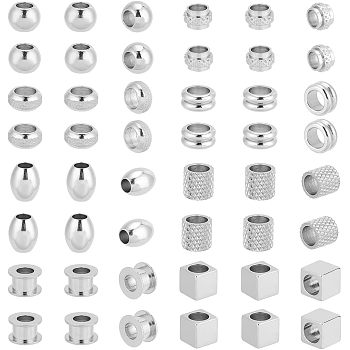 48Pcs 8 Style 304 & 201 & 303 Stainless Steel European Beads, Large Hole Beads, Rondelle & Rondelle & Cube, Stainless Steel Color, 7~10x7~10x4~8mm, Hole: 4~5mm, 6pcs/style