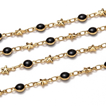 Handmade Brass Enamel Link Chains, with Spool, Long-lasting Plated, Soldered, Star & Flat Round, Golden, Black, Flat Round: 9x4.5x3mm, Star: 10x5x2mm, about 32.8 Feet(10m)/roll