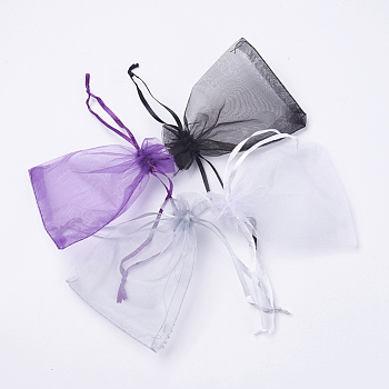 4 Colors Organza Bags, with Ribbons, Lavender/Light Grey/Black/Dark Orchid, Rectangle, Mixed Color, 11.5~12.5x8.5~9cm, 25pcs/color, 100pcs/set