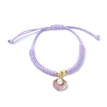 Shell Shape Alloy Enamel Pendant Bracelets with ABS Plastic Imitation Pearl, Adjustable Waxed Polyester Braided Cord Bracelets, for Women, Lilac, 0.12cm, Inner Diameter: 1-1/8~3-3/8 inch(2.9~8.5cm)