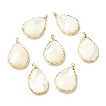 Natural White Shell Pendants, Copper Wire Wrapped Teardrop Charms, Real 14K Gold Plated, 26~26.5x16.5~17x4.5~5mm, Hole: 1.6mm
