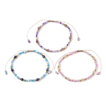 3Pcs 3 Color Natural Mixed Gemstone & Glass Seed Braided Bead Bracelets Set, Nylon Adjustable Bracelets, Mixed Color, Inner Diameter: 2-1/8~3-1/2 inch(5.3~8.9cm), 1Pc/style