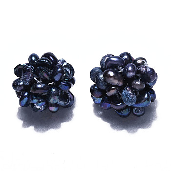 Round Natural Cultured Freshwater Pearl Beads, Handmade Ball Cluster Beads, Dyed, Midnight Blue, 12~15mm, Hole: 1.2~1.8mm