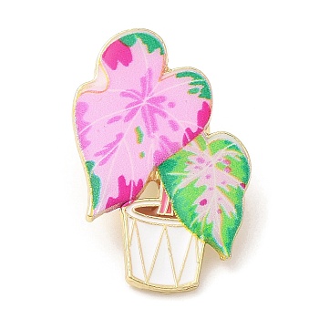 Plant Pot Enamel Pins, Light Gold Plated Alloy Brooch, Pearl Pink, 30x19.5x2mm