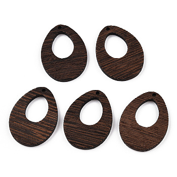 Natural Wenge Wood Pendants, Undyed, Hollow Teardrop Charms, Coconut Brown, 38x28.5x3.5mm, Hole: 2mm