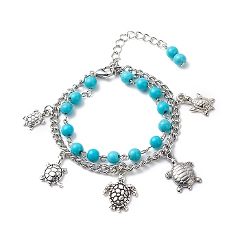 Synthetic Turquoise Beads Multi-strand Bracelets, Tortoise Alloy Charm & 304 Stainless Steel Curb Chains Bracelets for Women, Antique Silver & Platinum, 7-3/8 inch(18.6cm)
