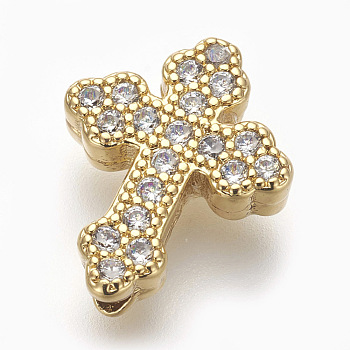 Brass Micro Pave Cubic Zirconia Beads, Lead Free & Cadmium Free, Cross, Clear, Golden, 15x12x4mm, Hole: 1.6mm