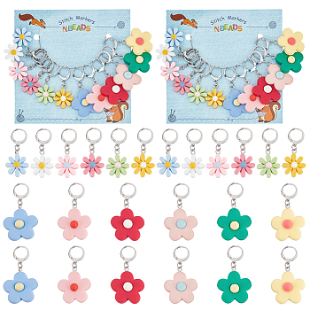 Flower Opaque Resin Pendant Stitch Markers, Crochet Leverback Hoop Charms, Locking Stitch Marker with Wine Glass Charm Ring, Mixed Color, 3.7~4.2cm, 2 style, 6pcs/style, 12pcs/set, 2 sets/box