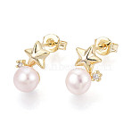 Star Brass Micro Pave Clear Cubic Zirconia Stud Earrings, with Natural Pearl, Real 18K Gold Plated, 11.5~12x7.5~8mm(PEAR-N020-WX04)