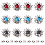 24 Sets 3 Colors Alloy Buttons, with Synthetic Turquoise and Iron Screws, for Purse, Bags, Leather Crafts Decoration, Sunflower, Mixed Color, 14x6.5mm, Hole: 2.5mm, 8 sets/color(FIND-GF0005-33)