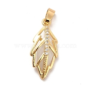 Brass Micro Pave Clear Cubic Zirconia Pendants, with White Glass, Leaf Charm, Real 18K Gold Plated, 21.5x9.5x5mm, Hole: 5x2.5mm(KK-I695-053G)