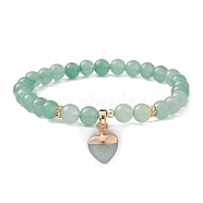 Natural Green Aventurine Round Beaded Stretch Bracelets, with Heart Charms, Inner Diameter: 2-1/8~2-1/4 inch(5.4~5.6cm)(BJEW-JB09727-05)