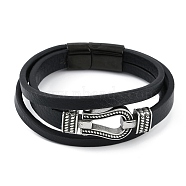 Microfiber Leather Cord Triple Layer Multi-strand Bracelets, with 304 Stainless Steel Magnetic Clasps, Horse Shoes, Antique Silver, 8-1/8 inch(20.5cm)(BJEW-P328-08AS)