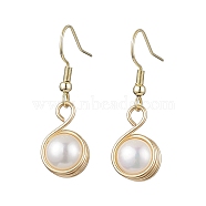 Natural Cultured Freshwater Pearl with Eco-Friendly Copper Wire Dangle Earrings, Round, Light Gold, 35x10.5mm(EJEW-JE05737)