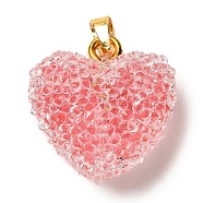 Transparent Resin Dotted Rhinetone Pendants, Heart Charms with Rack Plating Brass Findings, Real 18K Gold Plated, Cadmium Free & Lead Free, Long-Lasting Plated, Light Coral, 21x20x11mm, Hole: 4.5x3mm(RESI-N040-01G-05-RS)