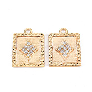 Brass Micro Pave Clear Cubic Zirconia Pendants, Nickel Free, Textured, Rectangle with Rhombus , Real 18K Gold Plated, 19x14x2mm, Hole: 2mm(KK-S356-554-NF)