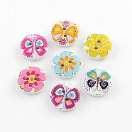2-Hole Flower Pattern Printed Wooden Buttons, Flat Round, Mixed Color, 15x4mm, Hole: 2mm(BUTT-R033-021)