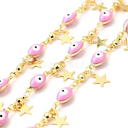 Enamel Horse Eye Link Chains, with Real 18K Gold Plated Star Charms, Soldered, Long-Lasting Plated, with Spools, Pearl Pink, 5x13x4mm, 3x7.5x2.8mm(CHC-C003-17G)