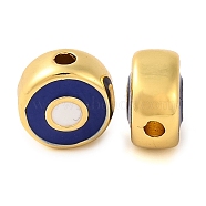 Rack Plating Brass Beads, with Enamel, Long-Lasting Plated, Real 18K Gold Plated, Flat Round with Evil Eye, Prussian Blue, 6.5x3.5mm, Hole: 1.2mm(KK-H486-02G-06)