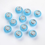 Large Hole Rondelle Resin European Beads, with Silver Color Plated Brass Cores, Imitation Cat Eye, Light Sky Blue, 13.5~14x9mm, Hole: 5mm(RPDL-J050-05)