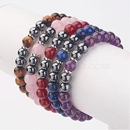 Non-Magnetic Synthetic Hematite Beaded Stretch Bracelets, with Natural Mixed Stone Beads, Stainless Steel Color, 55mm(BJEW-JB02900)