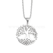 201 Stainless Steel Pendant Necklaces for Man, Tree with Flat Round with Tree of Life, Stainless Steel Color, 23.62 inch(60cm), Tree: 34.5x32x1.3mm(NJEW-Q336-04C-P)