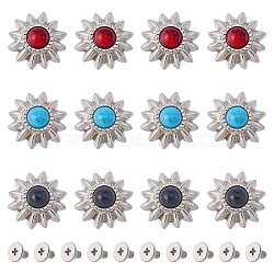 24 Sets 3 Colors Alloy Decorative Rivets, with Synthetic Turquoise and Iron Screws, for Purse, Bags, Leather Crafts Decoration, Sunflower, Mixed Color, 14x6.5mm, Hole: 2.5mm, 8 sets/color(FIND-GF0005-33)