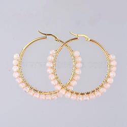 Beaded Hoop Earrings, with Natural Rose Quartz Beads, Golden Plated 304 Stainless Steel Hoop Earrings, 50mm, Pin: 0.6x1mm(EJEW-JE03830-03)