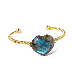 Hand-woven Natural Labradorite Alloy Cuff Bangles, Heart, Golden, Inner Diameter: 2-3/4 inch(7cm)(PW-WGEEB8F-02)