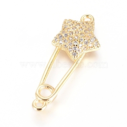 Brass Micro Pave Cubic Zirconia Links connectors, Safety Pin Shape with Star, Clear, Golden, 27x10x3.5mm, Hole: 1.2mm(KK-I657-13G-A)