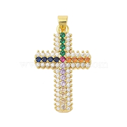 Rack Plating Brass Micro Pave Cubic Zirconia Pendants, Cadmium Free & Lead Free, Long-Lasting Plated, Cross, Real 18K Gold Plated, Colorful, 32x20x4mm, Hole: 4x3mm(KK-S380-39C-G)