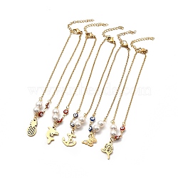 CCB Pearl & Enamel Evil Eye Beaded Link Anklet, Golden 304 Stainless Steel Charms Anklet for Women, Mixed Patterns, Pendant: 9.5~18x10.5~13x0.5~1.5mm, 9-1/8 inch(23cm)(AJEW-C021-05G)