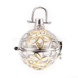 Rack Plating Brass Cage Pendants, For Chime Ball Pendant Necklaces Making, Hollow Round with Flower, Platinum & Golden, 30x28x24mm, Hole: 6x6mm, inner measure: 21mm(X-KK-R036-18)