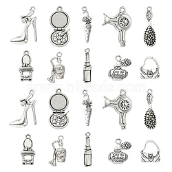 100Pcs 10 Styles Tibetan Style Alloy Pendants, 3D Paddle Hair Brush & Lipstick & Handbag & Umbrella, Antique Silver, 14.5~33x7~19x2~5.5mm, Hole: 1.5~2.5mm, 10pcs/style(TIBEP-CJ0002-29)