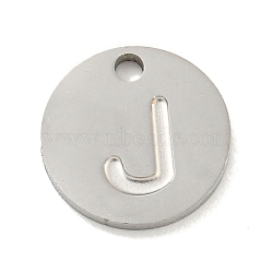 Non-Tarnish 304 Stainless Steel Pendants, Laser Cut, Flat Round with Letter Charm, Stainless Steel Color, Letter J, 10x1mm, Hole: 1.4mm(FIND-M017-02P-J)