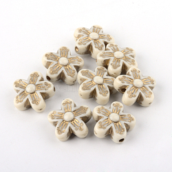 Flower Plating Acrylic Beads, Golden Metal Enlaced, Beige, 16x16x7.5mm, Hole: 2mm(X-PACR-Q102-138A)