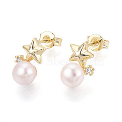 Star Brass Micro Pave Clear Cubic Zirconia Stud Earrings, with Natural Pearl, Real 18K Gold Plated, 11.5~12x7.5~8mm(PEAR-N020-WX04)