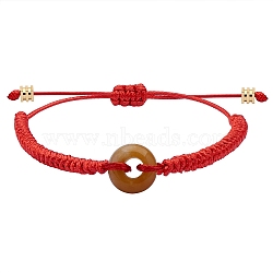Natural Yellow Jade Donut Braided Bead Bracelet, Adjustable Gemstone Bracelet for Women, Red, Inner Diameter: 2~3-3/8 inch(5~8.6cm)(BJEW-SW00047-04)