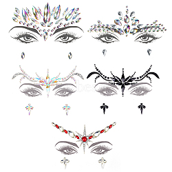 Olycraft 5 Sheets 5 Style Self Adhesive Resin Rhinestone Face Gems Stickers, Mixed Patterns, 12.5x16.5x0.3cm, Sticker: 22~60x1~137mm, 1 sheet/style(AJEW-OC0003-76)