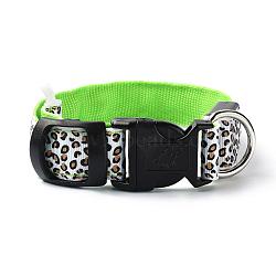 Adjustable Polyester LED Dog Collar, with Water Resistant Flashing Light and Plastic Buckle, Built-in Battery, Leopard Print Pattern, Spring Green, 355~535mm(MP-H001-A04)