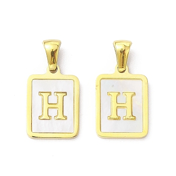 Ion Plating(IP) 304 Stainless Steel Pave Shell Pendants, Rectangle Charm, Real 18K Gold Plated, Letter H, 17.5x12x1.5mm, Hole: 3x5mm