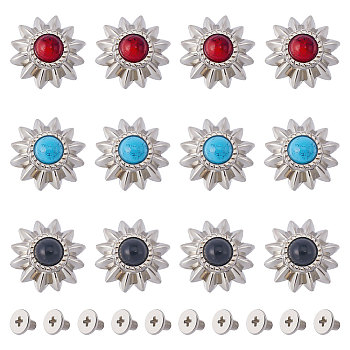 24 Sets 3 Colors Alloy Buttons, with Synthetic Turquoise and Iron Screws, for Purse, Bags, Leather Crafts Decoration, Sunflower, Mixed Color, 14x6.5mm, Hole: 2.5mm, 8 sets/color