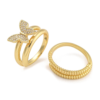 2Pcs 2 Styles Brass Micro Pave Cubic Zirconia Adjustable Rings for Women, Butterfly/Double Layer, Real 18K Gold Plated, 2.5~11mm, Inner Diameter: 17.5mm, 1pc style