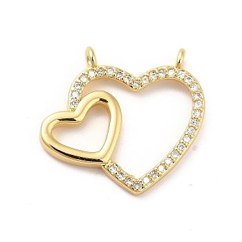 Brass Micro Pave Clear Cubic Zirconia Connector Charms, Heart Link, Long-Lasting Plated, Cadmium Free & Nickel Free & Lead Free, Real 18K Gold Plated, 18.5x20x2.5mm, Hole: 1.2mm